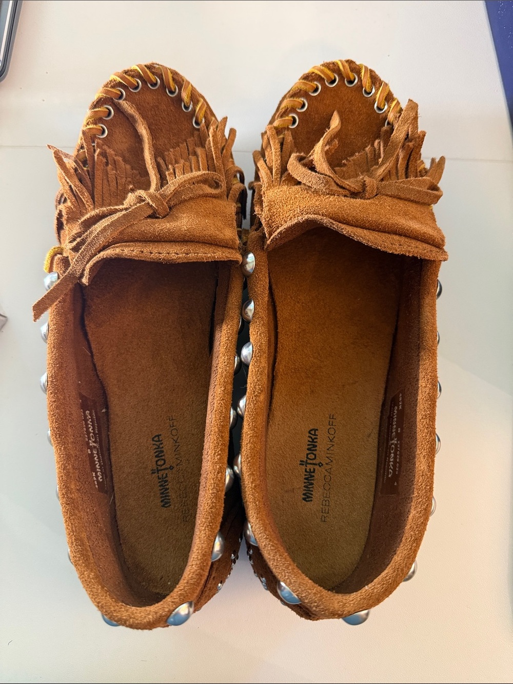 Minnetonka Chestnut Suede Fringe Moccasins with Stud Trim